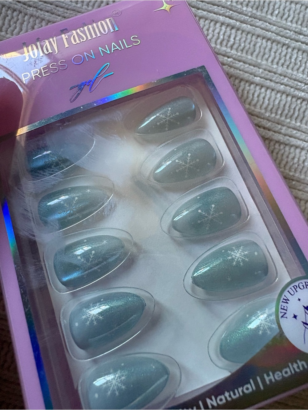 Jofay Fashion Press-On Nails - Dark Light Blue with Silver Snowflake Accents